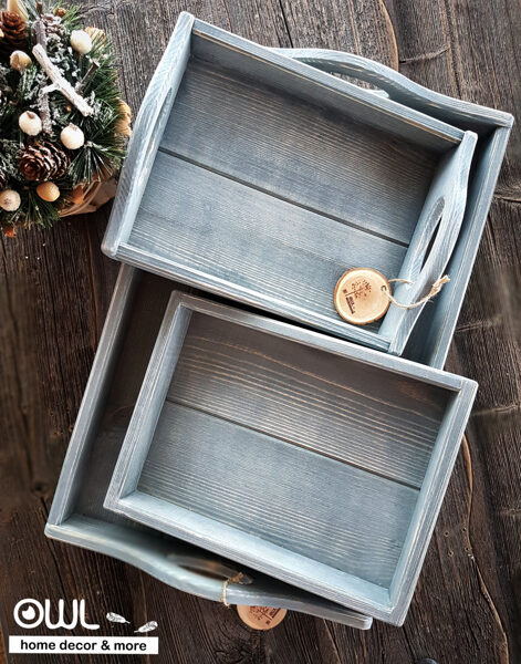 Komplekts (3gb). Lielā un mazā paplāte ar rokturiem + mazā paplāte bez rokturiem ( pelēkzils)